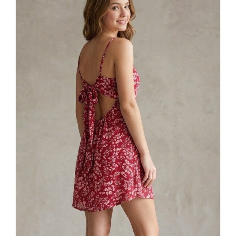 American Eagle Red Floral Tie Back Mini Sundress Square Neck Small